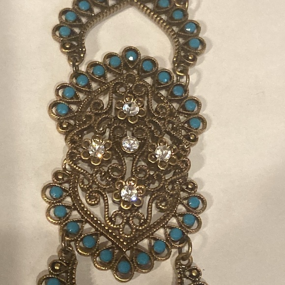 NWOT - Turkish Style Brassy Filigree Heart Design Turquoise & Crystal Bracelet - Picture 5 of 14